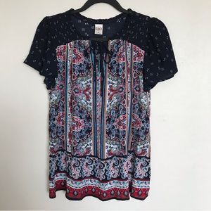 BILA Boho Paisley Print Tie Neckline Top Size Small